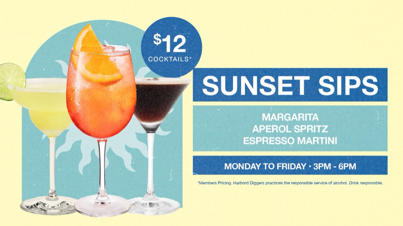 Sunset Sips happy hour: $12 Margarita, Aperol Spritz and Espresso Martini, Monday to Friday