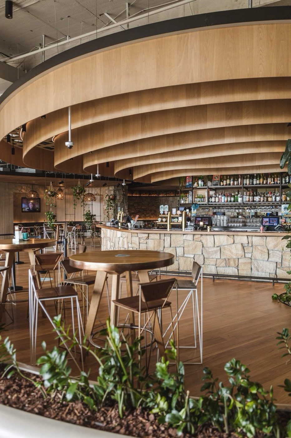 The curved, timber-ribbed ceiling over the Main Bar and lounge