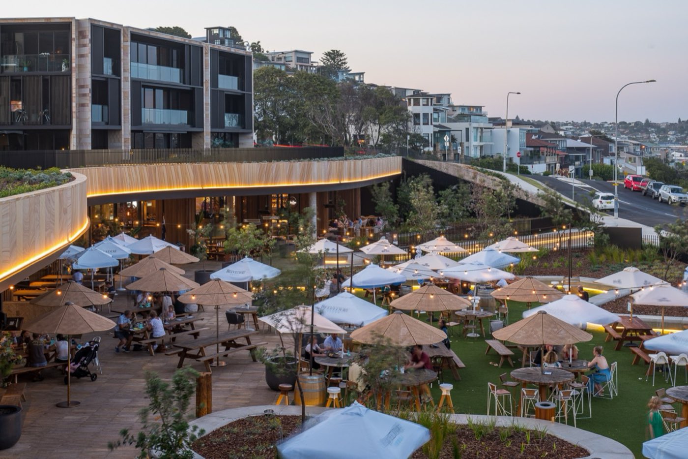 The whole terrace full of people at dusk