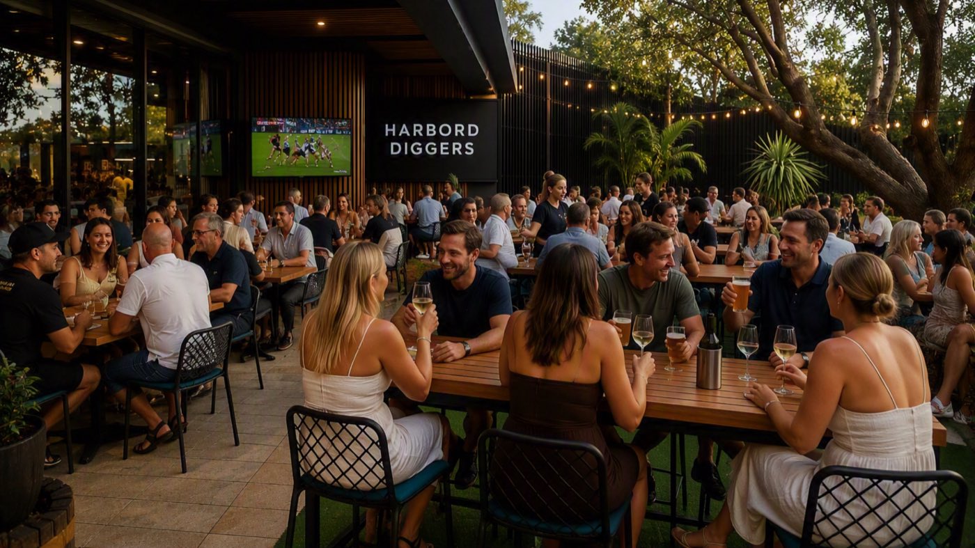 A busy evening in the outdoor Sports Bar